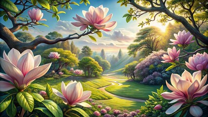 Hand Drawn Magnolia Flower Botanical Illustration in Drone Photography Style for Nature Lovers