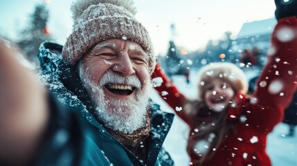 An elderly man and woman joyfully play in the snow, wearing warm winter clothing, capturing a moment of pure happiness and embracing the spirit of youthful joy.