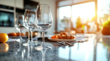 Three wine glasses are arranged on a polished kitchen countertop, beautifully illuminated by the golden sunlight streaming through the large window in the background.