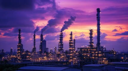 Oil refinery at dusk, glowing with golden lights against a deep purple sky, creating an atmospheric industrial landscape.