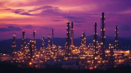 Fototapeta premium Oil refinery at dusk, glowing with golden lights against a deep purple sky, creating an atmospheric industrial landscape.
