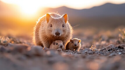 Obraz premium A mother hedgehog with her two cute babies rests on a sunlit path, portraying the essence of familial bonds against the gentle glow of the early morning sunlight.