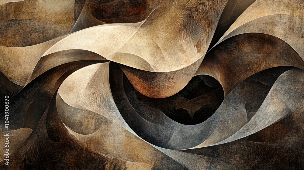 Poster organic lines in muted earthy hues intertwine, creating a mesmerizing abstract flow of natural forms