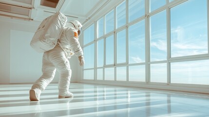 An explorer in a spacesuit looking at the expansive blue sky through a large window, embodying themes of exploration and curiosity within a modern setting.