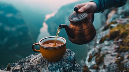 Misty Mountain Peak Hosts, Travel Adventure Above Wild River - Experienced Climber Rests Near Rugged Cliff as Nature Surrounds, Pouring Fresh Tea from Teapot or Kettle into a cup