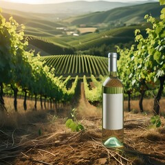 White wine bottle mockup in a vineyard landscape with lush grapevines and rolling hills