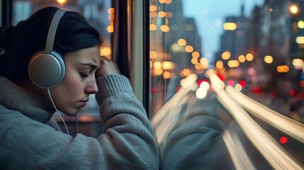 Obraz premium Pensive young woman of Hispanic descent with headphones, lost in thought on a city bus.