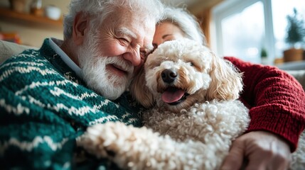 Fototapeta na wymiar An elderly couple, dressed warmly, share a cozy moment as they lovingly cuddle their cheerful fluffy dog in a bright living room filled with warmth.