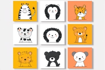 Set of 9 photos, cartoon style animal print, black lines, suitable for children's coloring