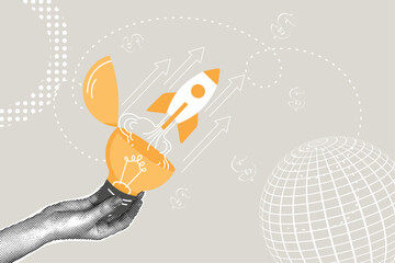 Trendy halftone collage. New idea startup concept, Innovation, business startup, breakthrough idea concept. Illustration for web banner, social media banner. Vector illustration