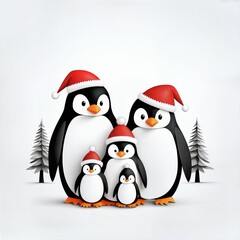 Fototapeta premium 3D Christmas Penguin Family Greeting Card Design with Copy Space
