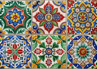 Hand-Painted Watercolor Mediterranean Tile Set in Blue, Red, Green, and Yellow for Design and Fabric Use