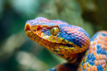 Obraz premium Colorful snake with a pink head and yellow body. The snake is in a green environment. The colors of the snake are vibrant and eye-catching