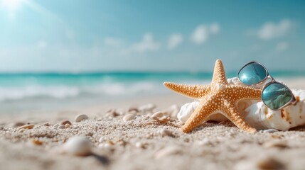 A starfish lies next to a seashell on a beach, with sunglasses and clear turquoise water in the background, evoking a relaxing tropical getaway atmosphere.