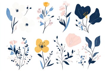 Set of different flowers and brunch from flat editable stroke. Luxury line floral collection for wedding invitation art, design template of save the date card. Botanical vector illustration