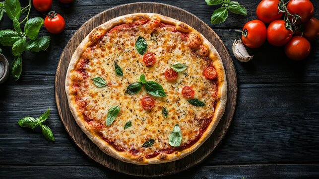 Top view of homemade pizza with cheese and fresh tomatoes on a dark wooden table. Dark plate with italian foods. Ultra realistic. Photorealistic 