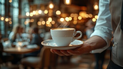 A male bartender serves a steaming cup of coffee in a cozy restaurant setting.