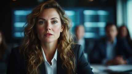 Fototapeta premium A confident woman, poised and articulate, actively participates in a lively discussion with colleagues, highlighting personal strength and communication in the workplace.