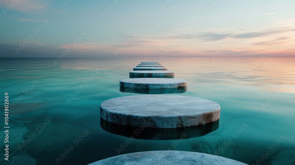 Poster a path of round, stone platforms extends into the serene ocean, reflecting the sky, creating a mesme