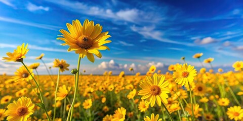 Yellow flowers in a field under a blue sky