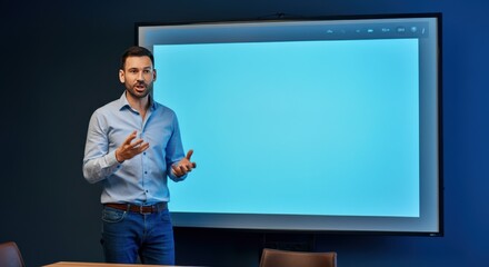 Man Presenting in Front of a Blue Screen
