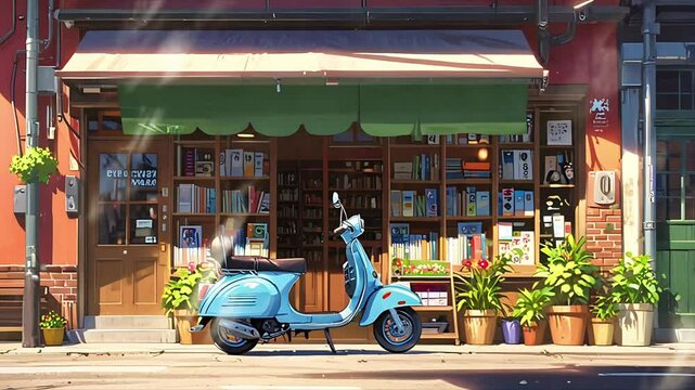 A classic scooter motorbike is parked in front of the bookstore. Seamless 4K looping timelapse video animation background