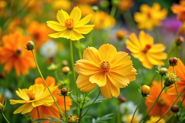 Yellow flowers in the garden with Cosmos sulphureus and orange cosmos flowers at a tilted angle