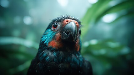 Obraz premium A beautiful and vivid bird with bright plumage peers from the mystical, fog-shrouded forest depths, surrounded by lush greenery and contrasting dark shadows.