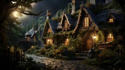 Enchanted Cottage In a Moonlit Forest