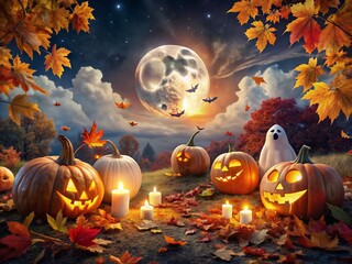 Obraz premium Happy Halloween Spooktacular Night with Pumpkins, Ghosts, and Full Moon in 4K Quality