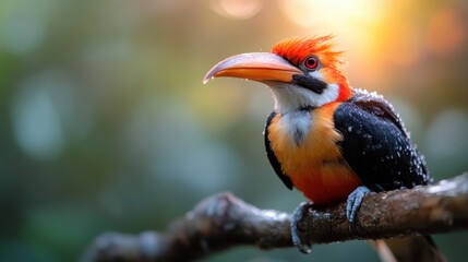 Fototapeta premium A rain-speckled toucan with striking orange and black plumage perches on a branch, framed by vivid sunset colors that highlight its compelling presence.