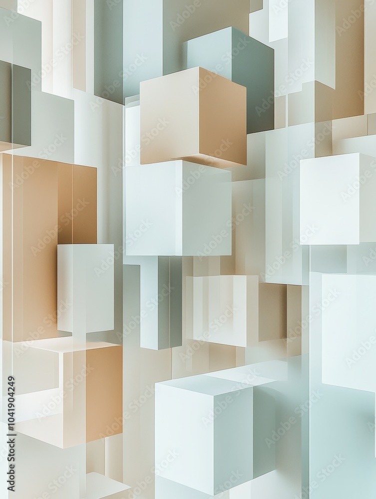 Poster Multiple cubes of different sizes and shades are interconnected by diagonal lines on a light background, creating a dynamic design. Generative AI
