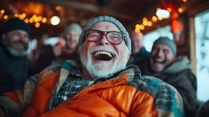 Obraz premium An elderly man wearing glasses and a beanie is seen joyfully laughing with friends, enveloped in the warm and cozy atmosphere of a wooden cabin.