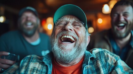 Obraz premium An elderly man wearing a cap and plaid shirt is captured laughing heartily, filling the room with joy and envelopment in a spirit of jovial camaraderie.