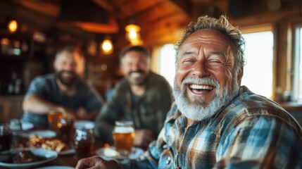 Obraz premium An elderly man in a plaid shirt, accompanied by friends, shares hearty laughter in a warmly lit cabin, embodying the joy of friendship and good company.