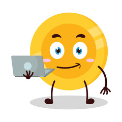 Obraz premium cute success business expression of coin cartoon carry laptops cartoon character