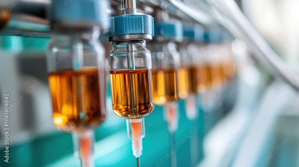 Poster rows of vaccine vials are lined up on an automated production line, demonstrating the advanced techn