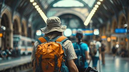 Obraz premium A young male traveler with a camera waits at a bustling train station.