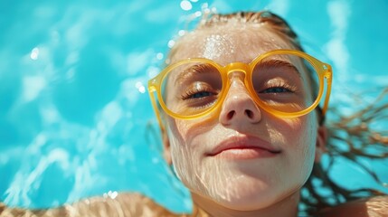 Fototapeta premium A smiling child wearing yellow goggles floats in a bright blue pool, capturing a moment of pure happiness and carefree joy under the sun's radiant light.