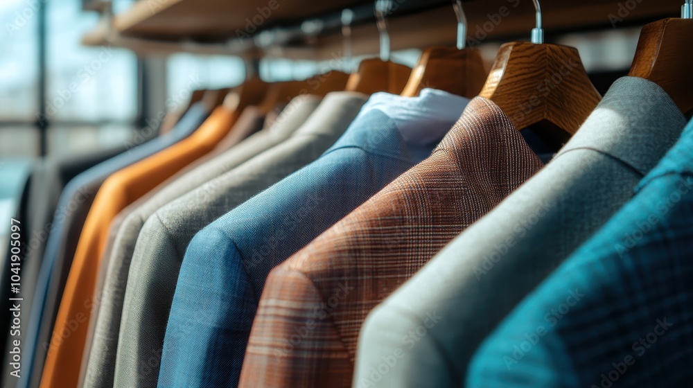 Poster an array of stylish clothes hanging in a bright store setting emphasizes modern trends and aesthetic