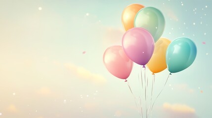 Floating with bright pastel colors against a light sky with subtle clouds with each balloons a different shade  of pink orange teal and yellow in the background with a little twinkles 