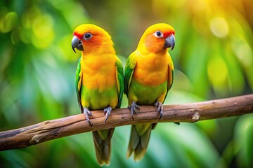 Obraz premium Yellow headed parakeets resting on tree branch in jungle