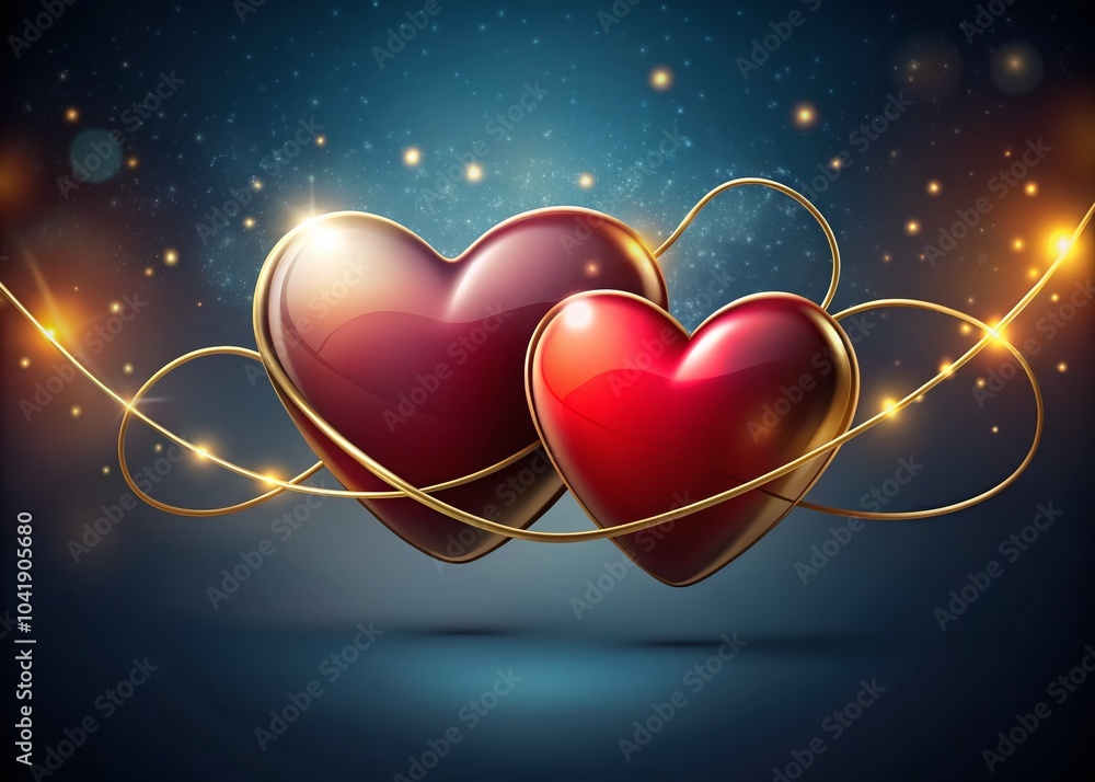 Poster heart connection illustration with golden thread symbolizing love and unity in a romantic setting