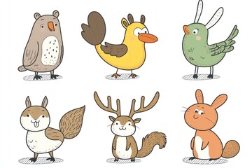 Naklejka premium Simple cartoon childrens coloring book character outlines for a bird & squirrel book. Moose, fish, deer, bunny and more creatures