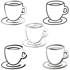 Coffee cup set. Line art illustration. Black and white cups. Vector coffee icons.