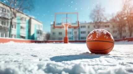 A basketball sits in the snow, near a snow-covered court and hoop, depicting the contrast between dynamic movement and the stillness of winter's hold.
