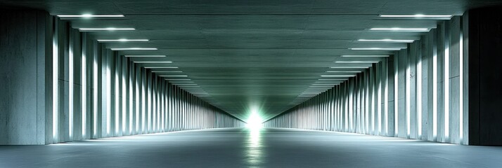 A modern corridor with concrete walls and illuminated columns leading to a bright light.