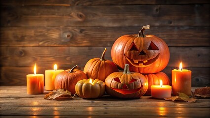 Obraz premium Asymmetrical Halloween jack o lantern with candle and iron on table