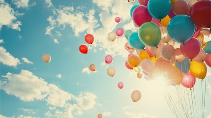 Fototapeta premium Wonder and Joy Lighthearted, a group of colorful balloons floating in the sky with soft sunlight filtering through, casting a warm and cheerful glow