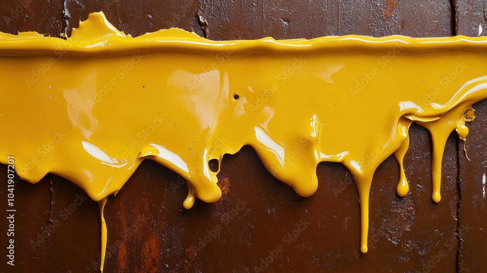 Poster vivid yellow paint drips on a rugged brown surface, creating a striking contrast between the bright 